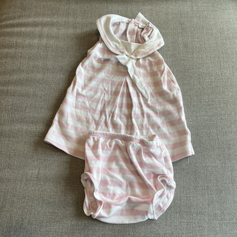 Kissy Kissy Two Piece Outfit Pink Stripe 3-6 Months Sailor Ruffles Pima Cotton